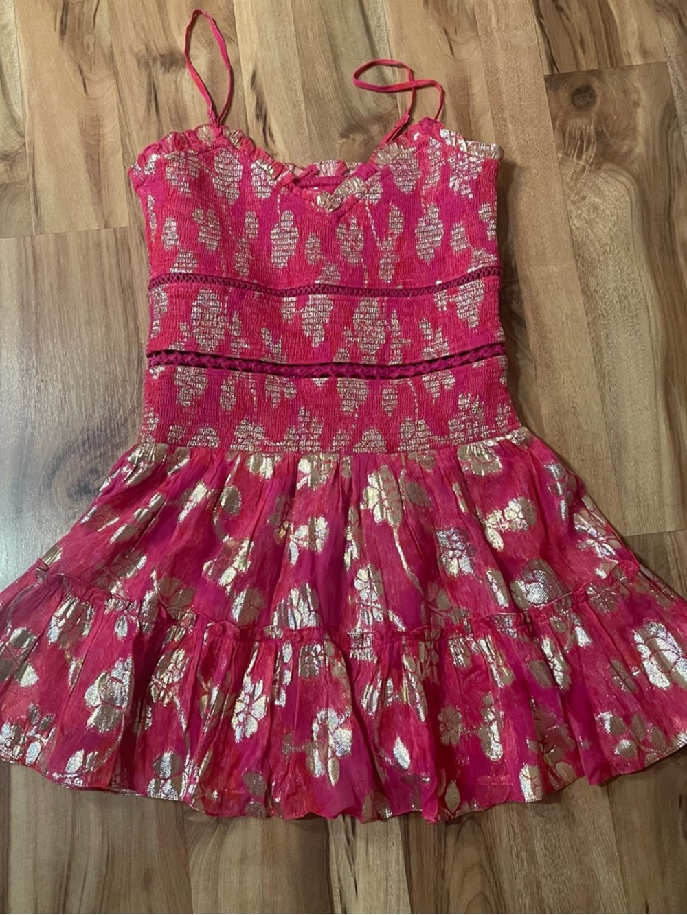 Hemant & Nandita Indu Dress - Pink & Gold Foil Floral Mini with Smocked Bodice S